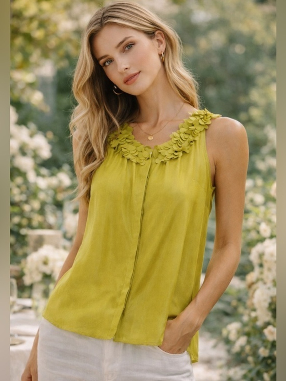 J.Crew Silk Floral Applique Top Green Sleeveless Button Blouse Statement Chic 6